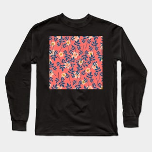 Blue leaf and florals on coral Long Sleeve T-Shirt